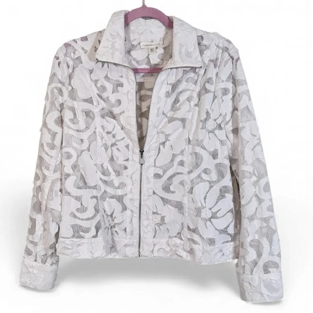 Coldwater Creek White Lace Sheer Full Zip Jacket Womens 12P Boho Coquette Girly